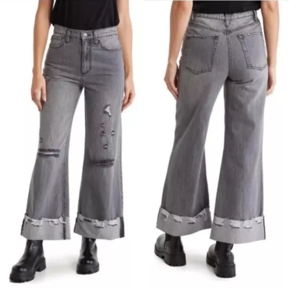 Alice & Olivia Womens Grey Distress High Rise Wide Leg Boyfriend Jeans Size 30 - Picture 1 of 14